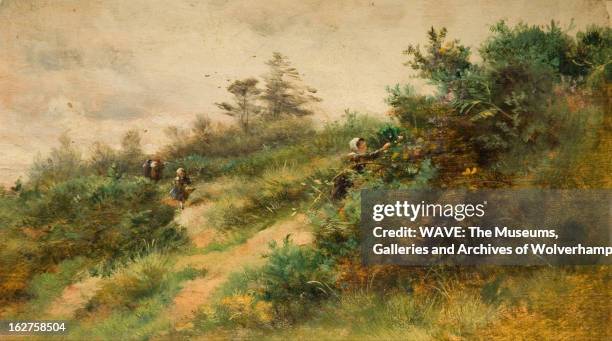 Oil painting showing a slope covered in green vegetation, Three figures are walking across the slope picking fruit from the bushes, Lake Windermere,...