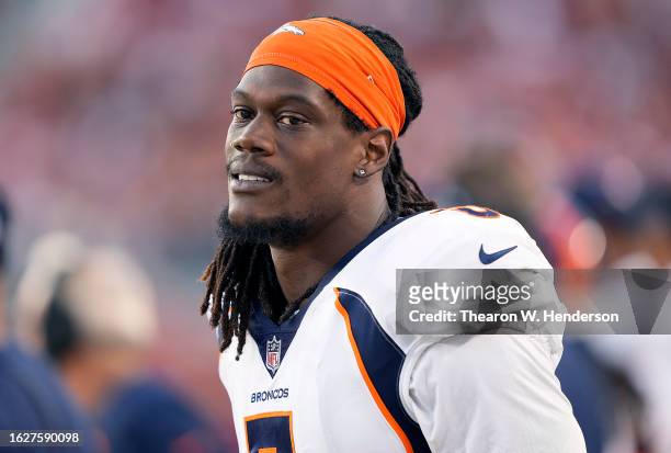 Randy Gregory of the Denver Broncos looks on from the sidelines against the San Francisco 49ers during the fourth quarter at Levi's Stadium on August...