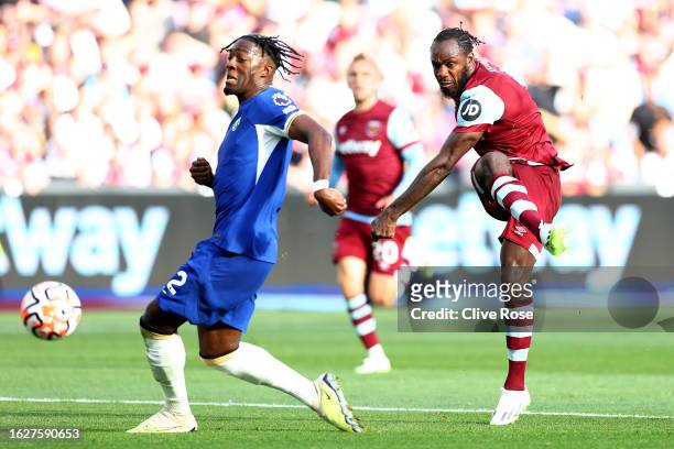 Michail Antonio of West Ham United scores the team's second goal during the Premier League match between West Ham United and Chelsea FC at London...