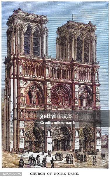 old engraved illustration of cathédrale notre dame de paris, (our lady of paris) - cathedral, dedicated to the virgin mary - v notre dame foto e immagini stock