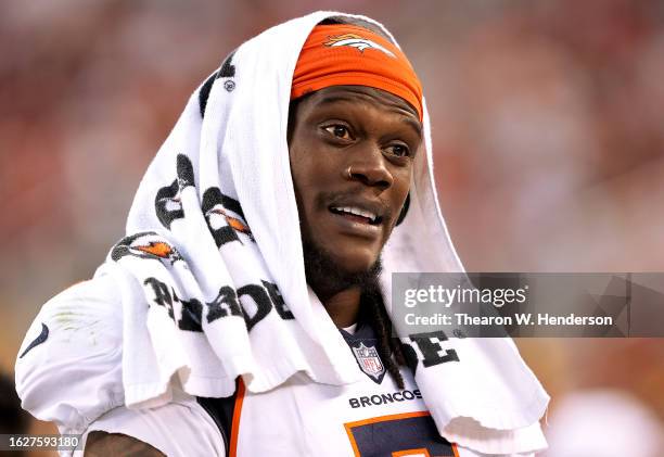 Randy Gregory of the Denver Broncos looks on from the sidelines against the San Francisco 49ers during the fourth quarter at Levi's Stadium on August...