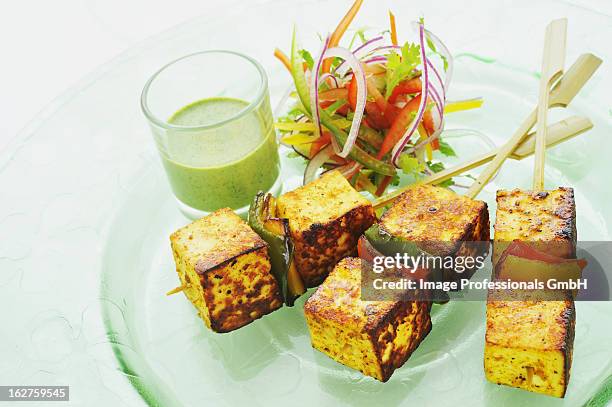 paneer tikka with mint dip on plate - paneer tikka stock pictures, royalty-free photos & images