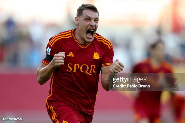 Andrea Belotti of AS Roma celebrates after scoring the team's first goal during the Serie A TIM match between AS Roma and US Salernitana at Stadio...