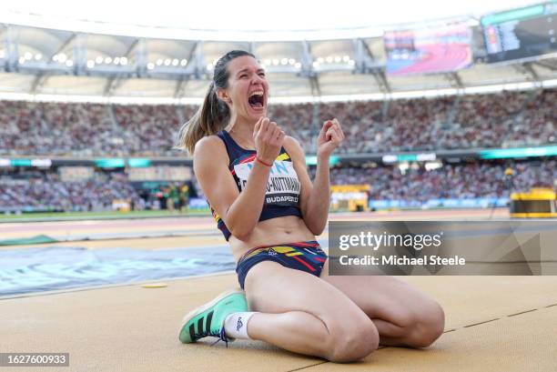 Alina Rotaru-Kottmann of Team Romania celebrates Bronze in the Women's Long Jump Final during day two of the World Athletics Championships Budapest...