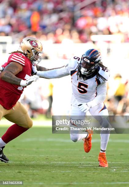 Randy Gregory of the Denver Broncos rushes up against Matt Pryor of the San Francisco 49ers during the second quarter at Levi's Stadium on August 19,...