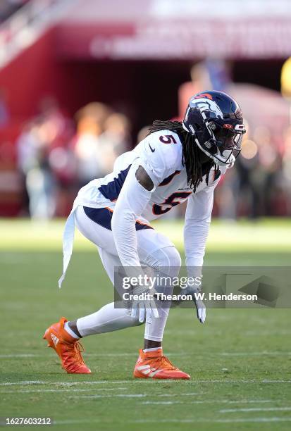 Randy Gregory of the Denver Broncos down and ready for the play against the San Francisco 49ers during the second quarter at Levi's Stadium on August...