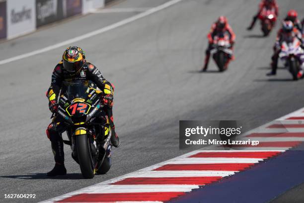 Marco Bezzecchi of Italy and Mooney VR46 Racing Team leads the field during the MotoGP race during the MotoGP of Austria - Race at Red Bull Ring on...