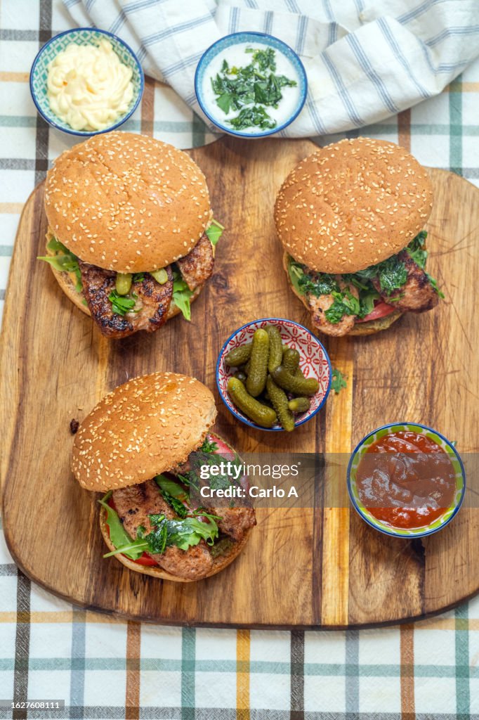 Studio shot of burgers with sausage