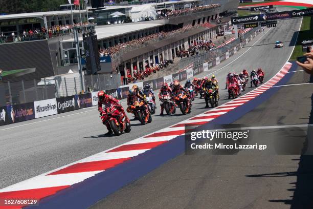 The MotoGP riders start from the grid during the MotoGP race during the MotoGP of Austria - Race at Red Bull Ring on August 20, 2023 in Spielberg,...