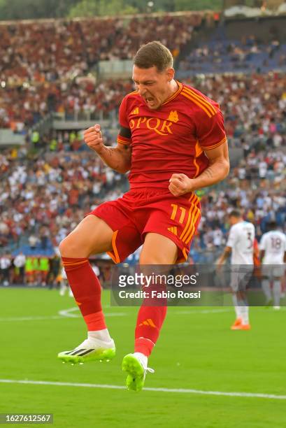 Andrea Belotti of AS Roma celebrates after goal then cancelled during the Serie A TIM match between AS Roma and US Salernitana at Stadio Olimpico on...
