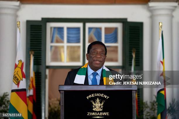 President of Zimbabwe Emmerson Mnangagwa addresses a press conference at State House in Harare on August 27, 2023. Zimbabwe's President Emmerson...