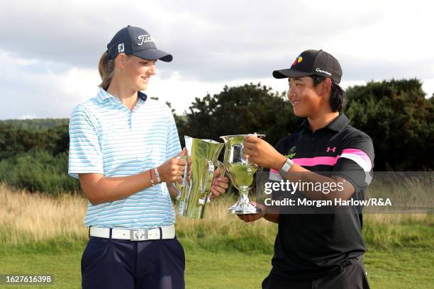 Helen Briem of Germany celebrates with Kris Kim of England as they pose with their Trophies after the Final on Day Six of the R&A Girls' Amateur...