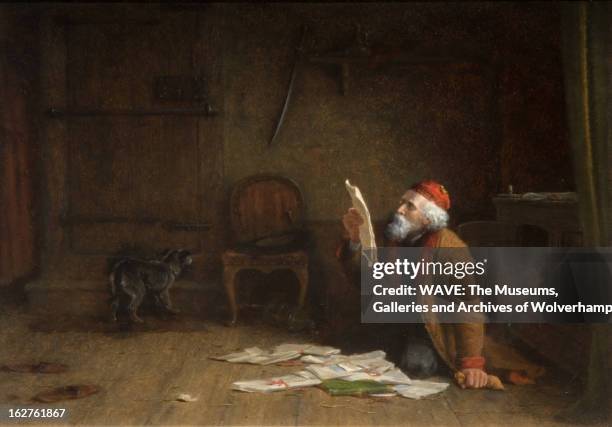 Oil painting showing an elderly man sat on the floor of a sparse empty room, He is searching through a pile of paper documents, There is a grey dog...