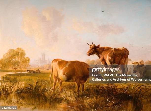 Oil painting showing a group of brown and cream cattle grazing on a meadow by a river, In the distance the spires of Canterbury Cathedral can be...