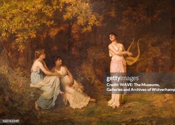 This oil painting shows three young women dressed in roman costume in a wooded clearing, Two of the women are sitting down, the third stands playing...