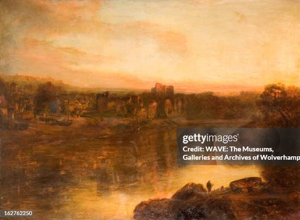 Oil painting showing a wide river with Chepstow Castle on the far bank, There is a rowing boat and a lone figure on the bank, The sky is white and...