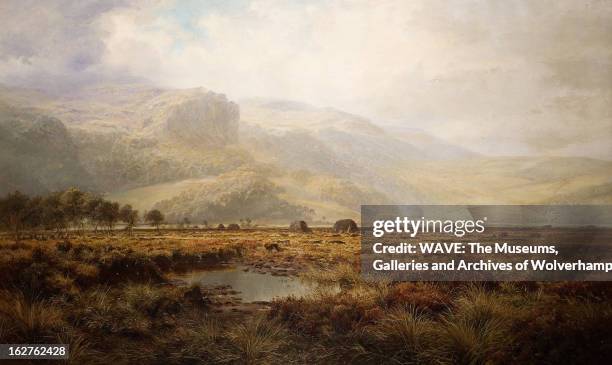 Oil painting showing flat marshland with hills behind, The sky is cloudy and misty, Barmouth, Kent, England, Britain. Near Barmouth, 1881. Oil...