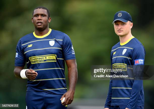 Keith Barker and Aneurin Donald of Hampshire looks on during the Metro Bank One Day Cup match between Surrey and Hampshire at Guildford Cricket Club...