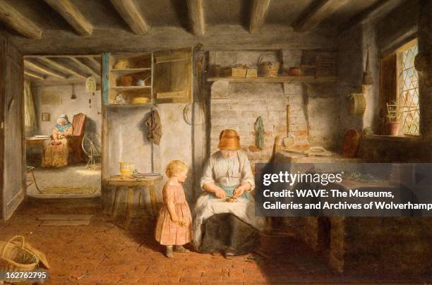 Oil painting showing a simple domestic interior, A mother sits scraping carrots while a young child looks on, An elderly woman is sleeping by a...