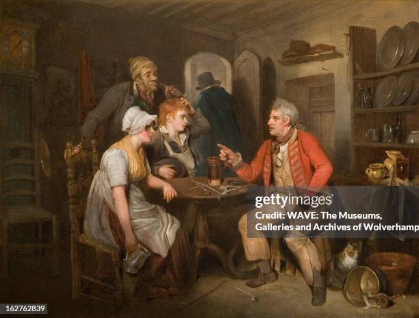 Oil painting showing a soldier, in a red military jacket, sitting at a table telling a woman and two men stories about his life, , England, Britain....