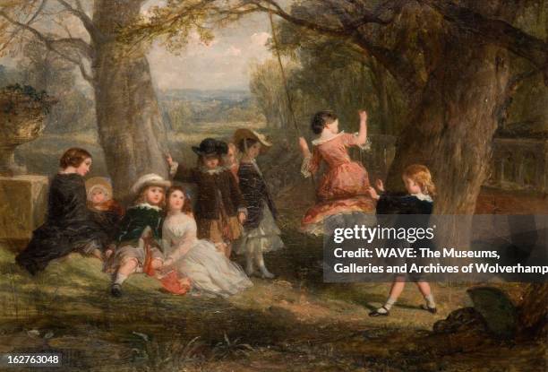 Oil painting showing a group of children in a green landscape gathered under a tree, A girl in a pink dress is sat on a swing, A boy is pushing her....