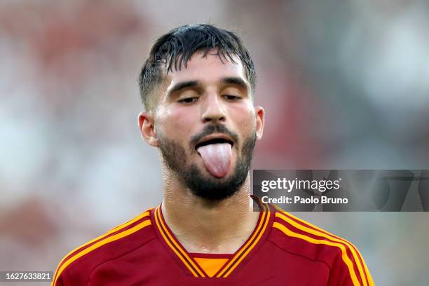 Houssem Aouar of AS Roma during the Serie A TIM match between AS Roma and US Salernitana at Stadio Olimpico on August 20, 2023 in Rome, Italy.