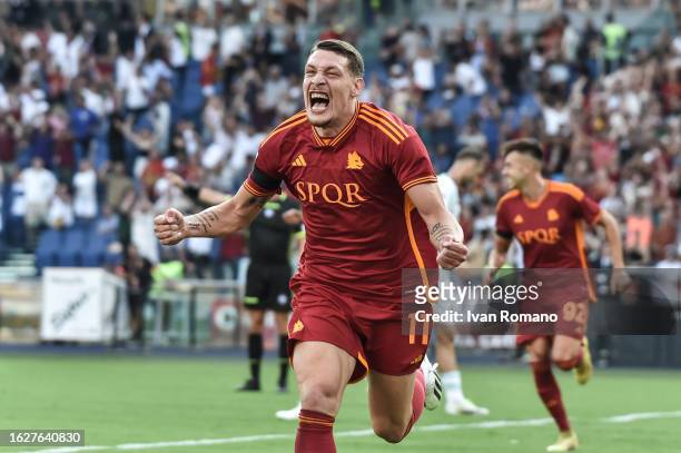 Andrea Belotti of AS Roma celebrates for the goal disallowed by the referee during the Serie A TIM match between AS Roma and US Salernitana at Stadio...