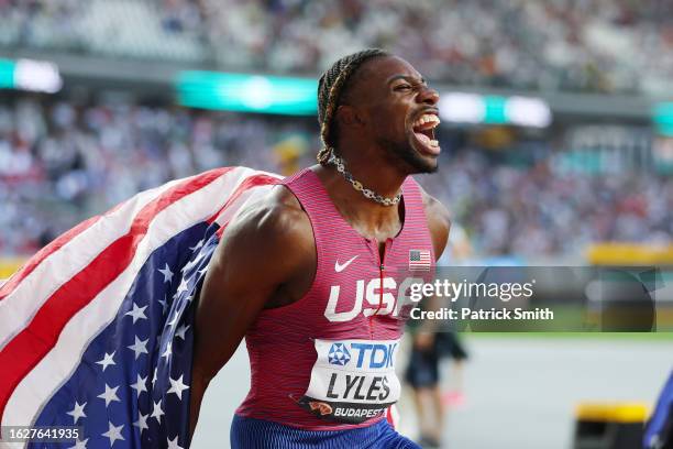 Gold medalist Noah Lyles of Team United States reacts after winning the Men's 100m Final during day two of the World Athletics Championships Budapest...