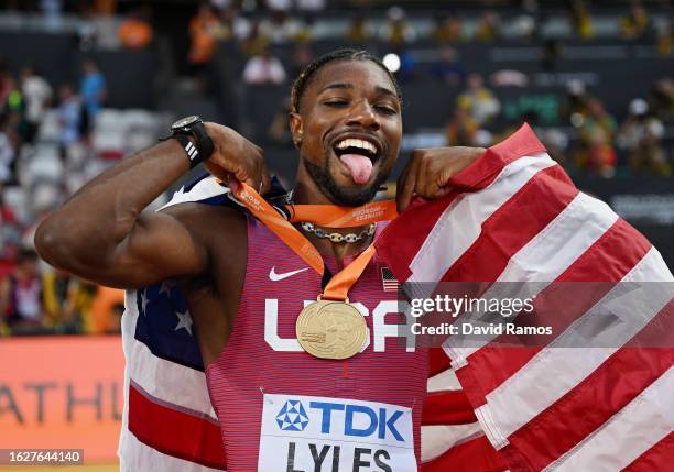 Gold medalist Noah Lyles of Team United States reacts after winning the Men's 100m Final during day two of the World Athletics Championships Budapest...