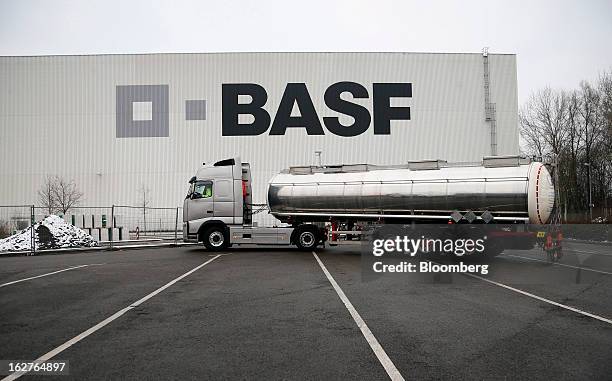 Truck arrives at a distribution warehouse at BASF SE's headquarters in Ludwigshafen, Germany, on Tuesday, Feb. 26, 2013. BASF SE forecast growth in...