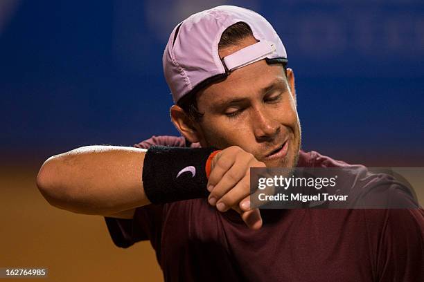 Miguel Angel Reyes of Mexico reacts during a match against Leonardo Mayer of Argentina during a match as part of the Mexican Tennis Open Acapulco...