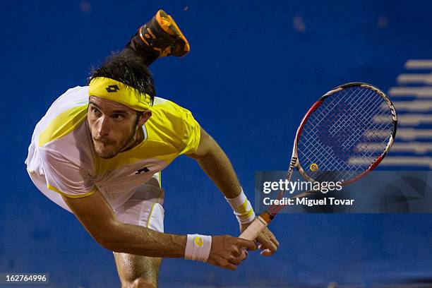 Leonardo Mayer of Argentina reacts during a match against Miguel Angel Reyes of Mexico during a match as part of the Mexican Tennis Open Acapulco...