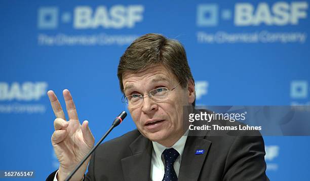Hans-Ulrich Engel, chief financial officer of BASF SE, speaks during the company's earnings news conference on February 26, 2013 in Ludwigshafen,...