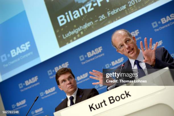 Kurt Bock , chief executive officer of BASF SE, speaks beside Hans-Ulrich Engel, chief financial officer of BASF SE, during the company's earnings...