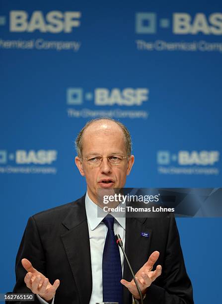 Kurt Bock, Chairman of the Board of Executive Directors at BASF SE, reacts during the company's earnings news conference on February 26, 2013 in...