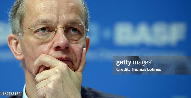 Kurt Bock, Chairman of the Board of Executive Directors at BASF SE, reacts during the company's earnings news conference on February 26, 2013 in...