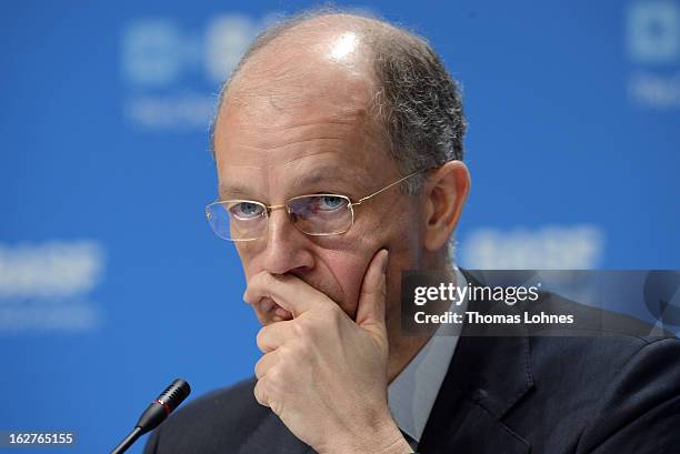 Kurt Bock, Chairman of the Board of Executive Directors at BASF SE, reacts during the company's earnings news conference on February 26, 2013 in...