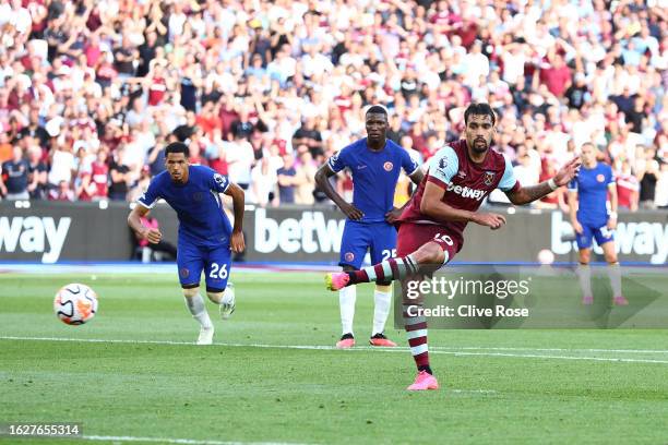 Lucas Paqueta of West Ham United scores the team's third goal from a penalty kick during the Premier League match between West Ham United and Chelsea...