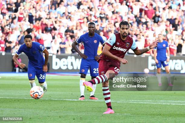 Lucas Paqueta of West Ham United scores the team's third goal from a penalty kick during the Premier League match between West Ham United and Chelsea...