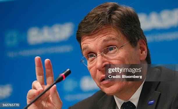 Hans-Ulrich Engel, chief financial officer of BASF SE, speaks during a news conference to announce the company's results in Ludwigshafen, Germany, on...