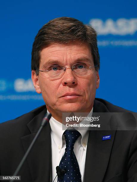Hans-Ulrich Engel, chief financial officer of BASF SE, listens during a news conference to announce the company's results in Ludwigshafen, Germany,...