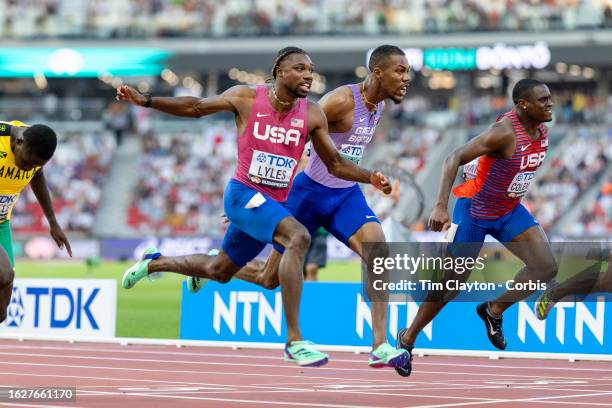 August 20: Noah Lyles of the United States wins the Mens 100m Final with Zharnel Hughes of Great Britain on his shoulder finishing in third place...