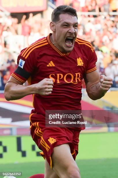 Roma player Andrea Belotti celebrates during the Serie A TIM match between AS Roma and US Salernitana at Stadio Olimpico on August 20, 2023 in Rome,...