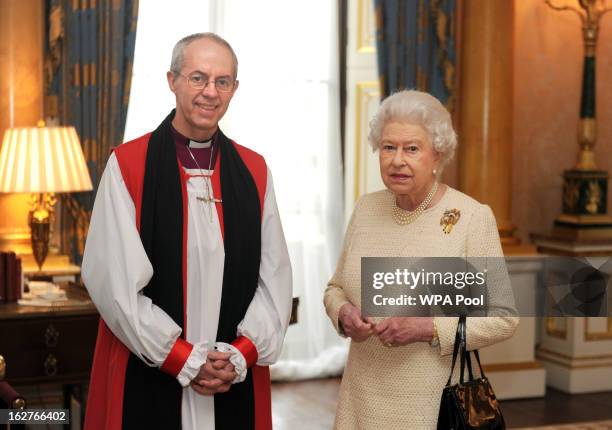 Queen Elizabeth II receives the Archbishop of Canterbury, the Most Reverend Justin Welby, at Buckingham Palace, after his act of 'Homage' upon his...