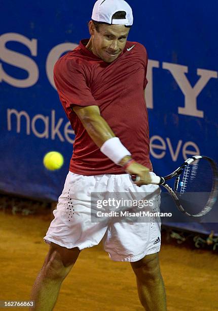 Miguel Angel Reyes of Mexico returns the balll to Leonardo Meyer of Argentina during the ATP Mexican Open Telcel at the Pacific resort on February...