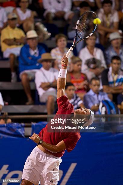 Miguel Angel Reyes of Mexico serves to Leonardo Meyer of Argentina during the ATP Mexican Open Telcel at the Pacific resort on February 25, 2013 in...