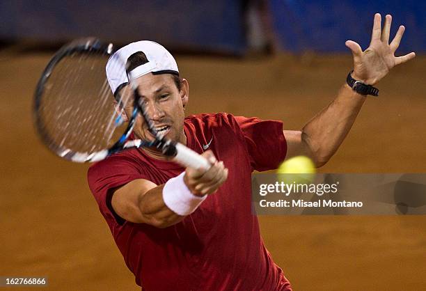 Miguel Angel Reyes of Mexico returns the balll to Leonardo Meyer of Argentina during the ATP Mexican Open Telcel at the Pacific resort on February...