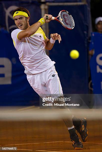 Leonardo Meyer of Argentina returns the balll to Miguel Angel Reyes of Mexico during the ATP Mexican Open Telcel at the Pacific resort on February...