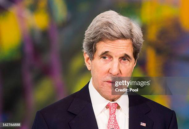 Secretary of State John Kerry speaks during a statement to the press on February 26, 2013 in Berlin, Germany. Kerry is in Germany on his first visit...