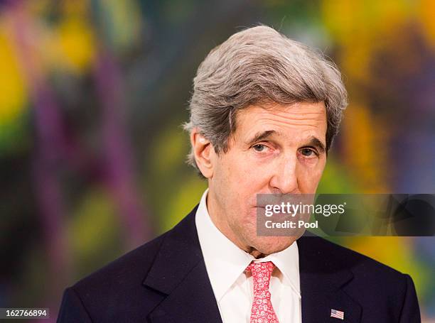 Secretary of State John Kerry speaks during a statement to the press on February 26, 2013 in Berlin, Germany. Kerry is in Germany on his first visit...